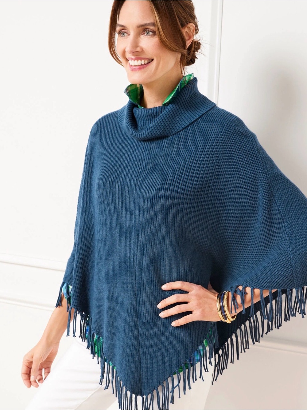 TALBOTS NWT Exclusive Fringe Knit Poncho Size Women’s M Teal Ocean Fringe